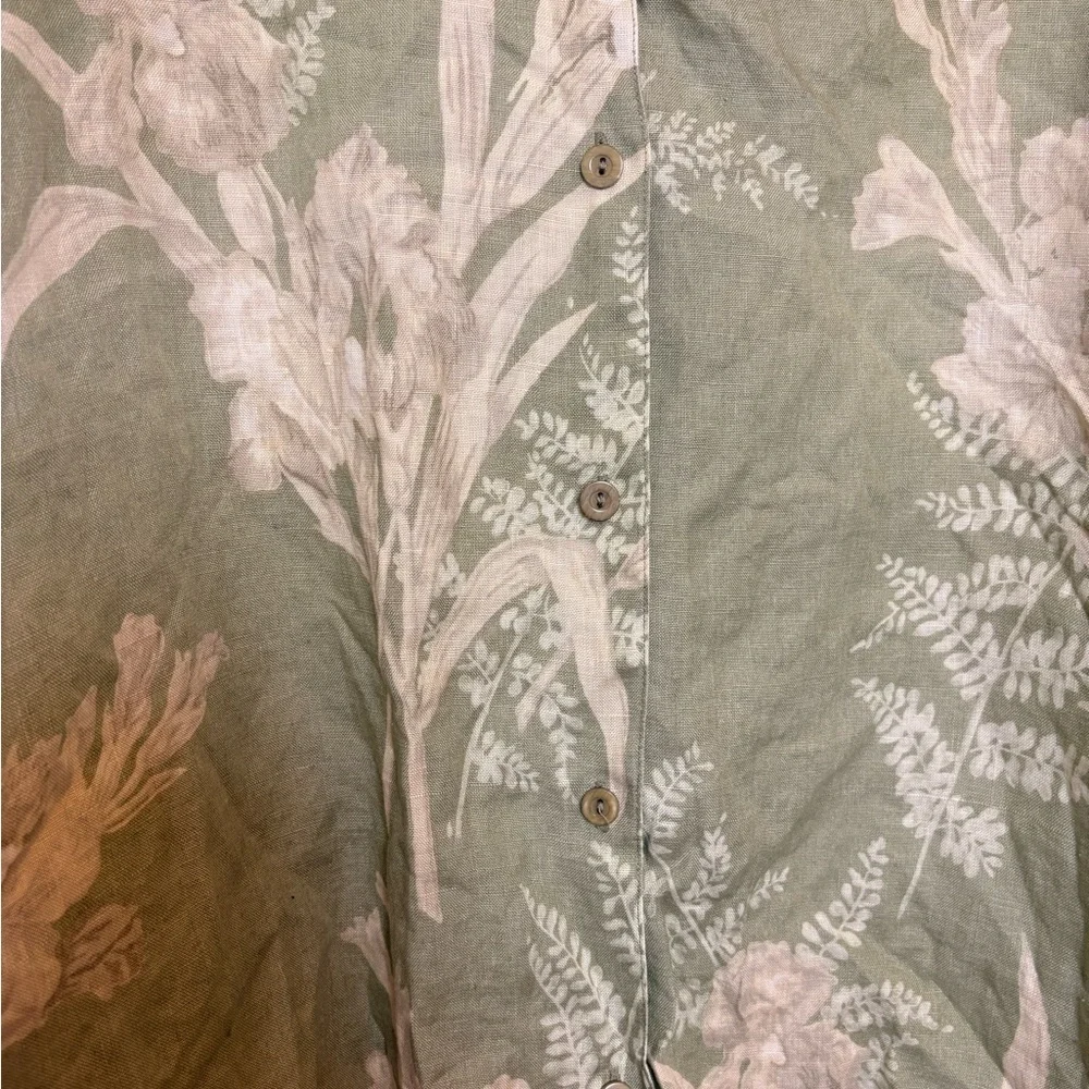 Liz Claiborne Liz Sport Green Linen Tropical Print Button Down Shirt Large
